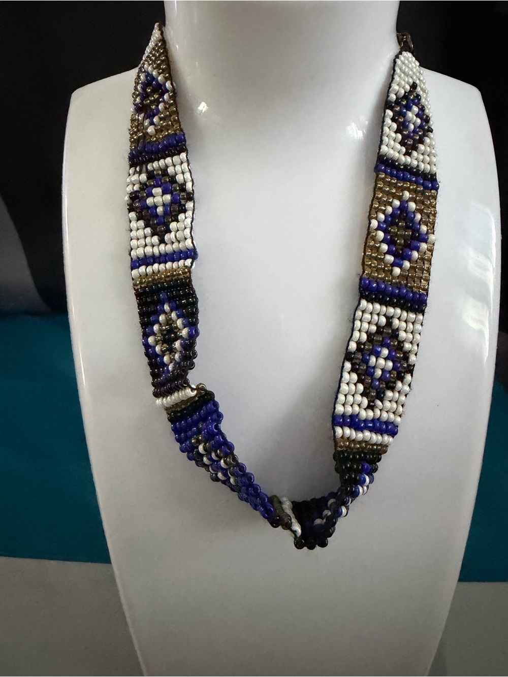 Beaded Statement Necklace - White, Blue & Gold